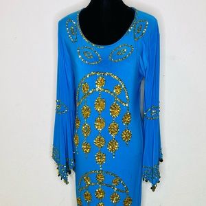 Custom Blue Gold Maxi Party Dress Size Medium